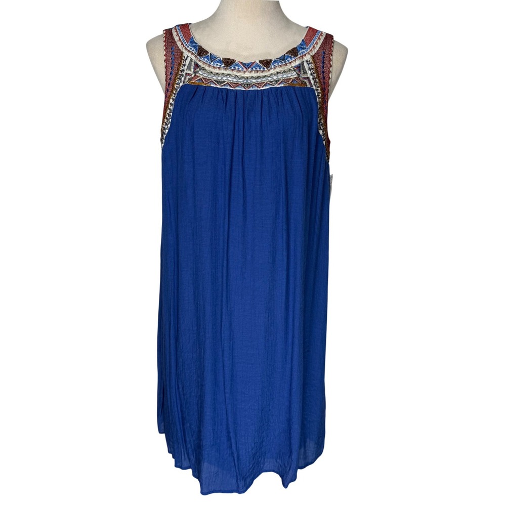 Westport Womens M Blue Sleeveless Shift Dress Embroidered Beaded Neckline NWT